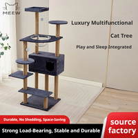 Arbre à chat de luxe 5 niveaux en bois et lin avec condo fermé, poteaux à gratter, baldaquin d'observation, gain de place, écologique, durable et facile à assembler