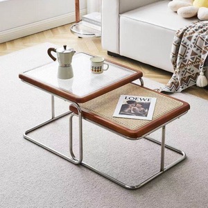 Mid-Century-Beistelltisch-Set aus 2 Teilen mit Chromrohrrahmen, geflochtenem Rattan und Glasplatten, Beistelltische für das Wohnzimmer - Product Image 4