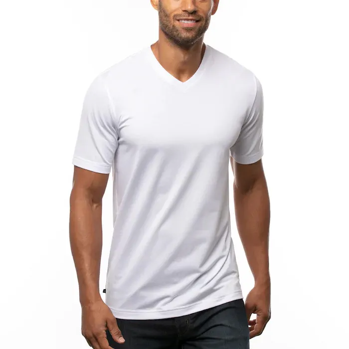 Kaus Katun Polos Pria Putih Pima Kaus Leher V Cepat Kering Kustom Kualitas Tinggi dengan Logo