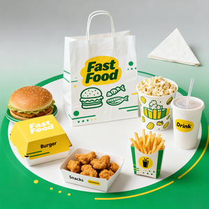Boîtes d'emballage personnalisées en carton ivoire pour plats à emporter (frire poulet, burger, hot-dog, <span class=keywords><strong>hamburger</strong></span> et frites) avec pelliculage mat - Product Image 1