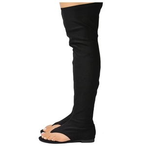 Summer Women Stretch Fabric Roman Shoes Thigh High Black Long Boots Clip Toe Over Knee <b>Booties</b> Flat Heels Sandals Big Size 47 - Product Image 5
