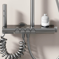 Ensemble de douche moderne noir, gris anthracite, cuivre, finition piano, avec barre coulissante et 4 fonctions, incluant une pomme de douche pluie