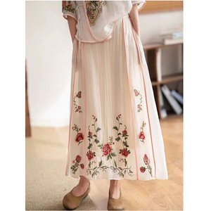 Chinese Style Embroidery A-Line Midi Skirt Women Elastic Waist Chiffon Apricot Pink Traditional Skirt Comfortable Spring Summer - Product Image 3