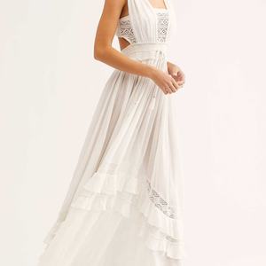 เดรสยาวทรงเอไลน์สำหรับผู้หญิง ตกแต่งด้วยผ้าลูกไม้ถักโครเชต์ เหมาะสำหรับฤดูร้อน คอวี ผ้าฝ้ายเครป ลินิน สไตล์ลำลอง เอวธรรมชาติ รับผลิตตามแบบ OEM - Product Image 4