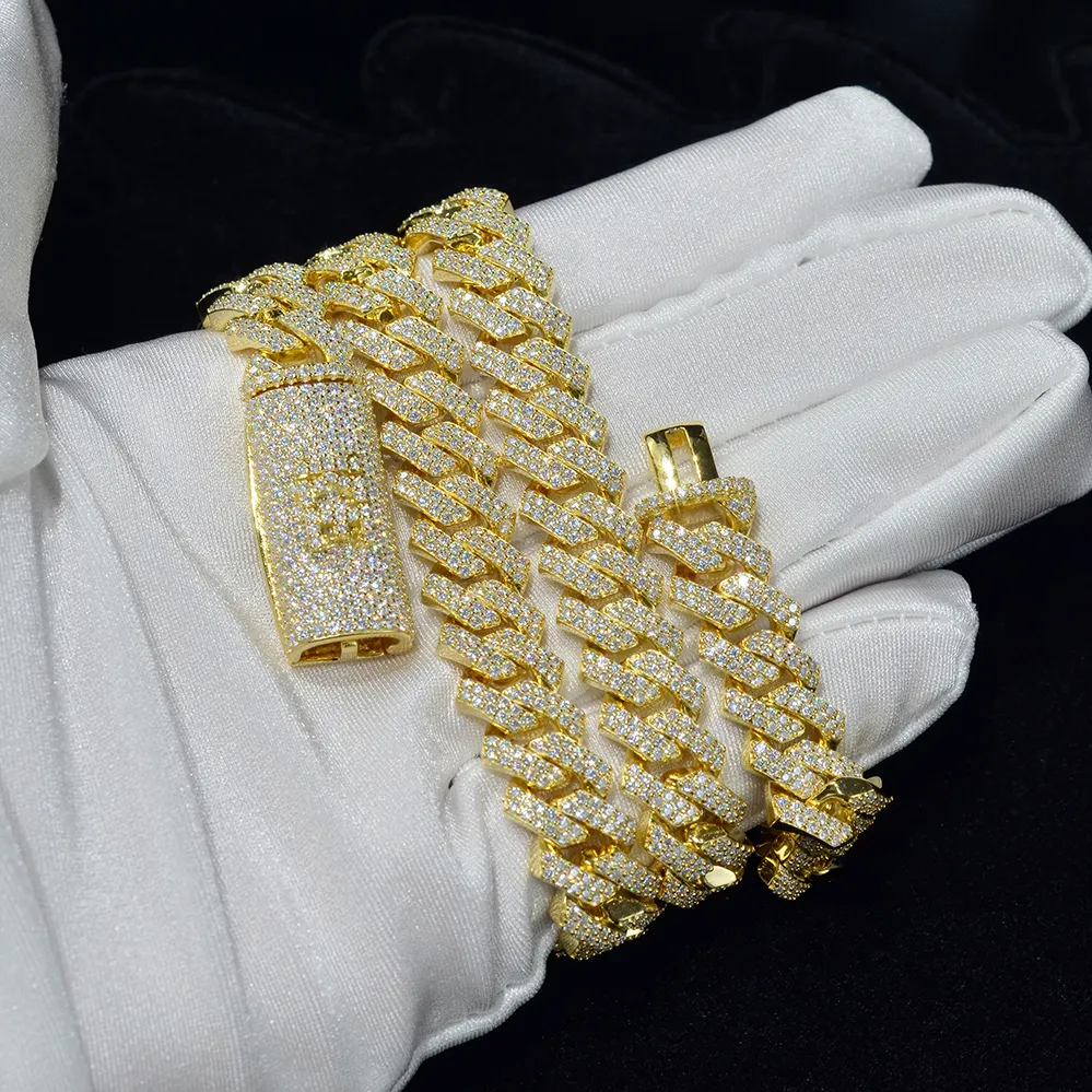 Grosir Pabrik kustom 9K 18K 10k 14k asli sertifikat emas Solid Moissanite berlian Kuba Tautan rantai kalung perhiasan 10MM
