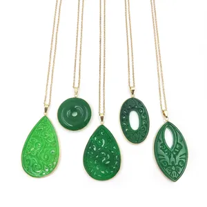 Chinese Styles green jade 18k gold plated natural crystal jade slice pendants oval drop carved shape pendant necklace for women