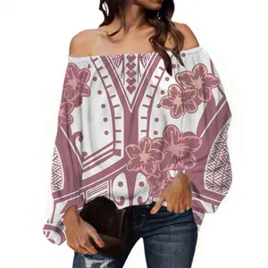 Blouse Casual Polynesische Hibiscus Bloemen Met Tribal Patroon Shirts Voor Vrouwen Casual Lange Mouw Blouse Een Schouder Chiffon