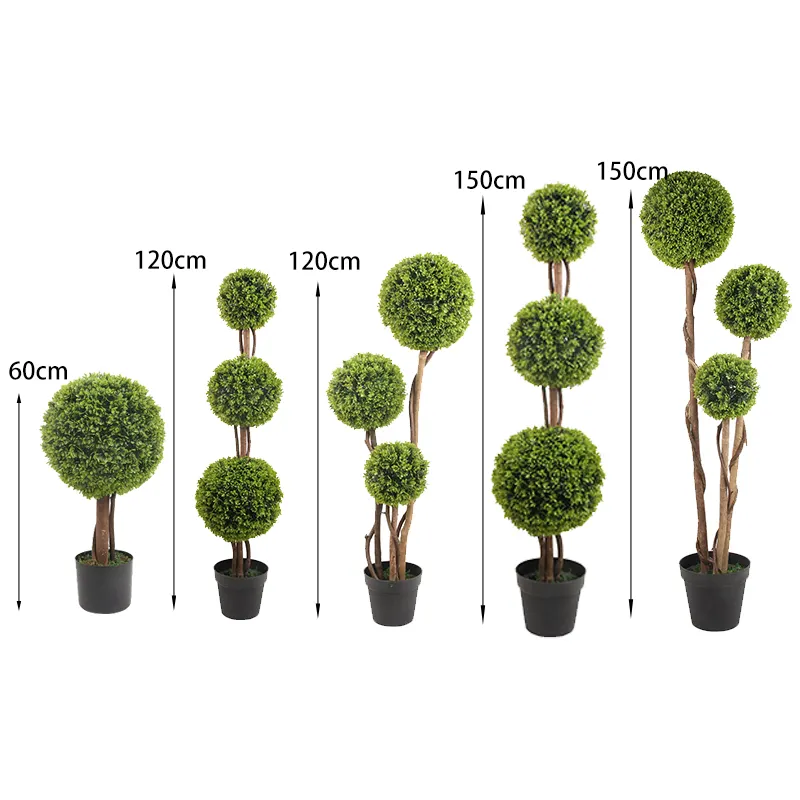 Dekorasi Luar Ruangan Bola Kayu Box Buatan Palsu Pohon Rumput Hijau Topiary dengan Pot Plastik Hitam