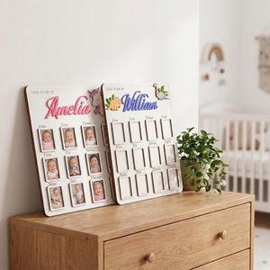 Tableau photo personnalisé en bois et acrylique avec emplacements pour 12 mois, lettres découpées au laser en relief 3D pour les étapes importantes de la première année de bébé - Product Image 2