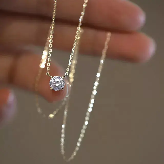 New Shinny Jóias Sterling Silver Crystal Necklace Round Shape Pingente Collarbone Cadeia Colar Para As Mulheres