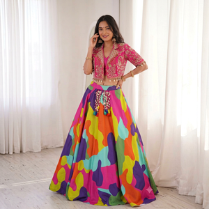 Ensemble Lehenga Choli ethnique décontracté pour femme, veste courte à manches mi-longues, jupe longue, imprimé numérique, imprimé camouflage, robe de fête et de mariage - Product Image 1