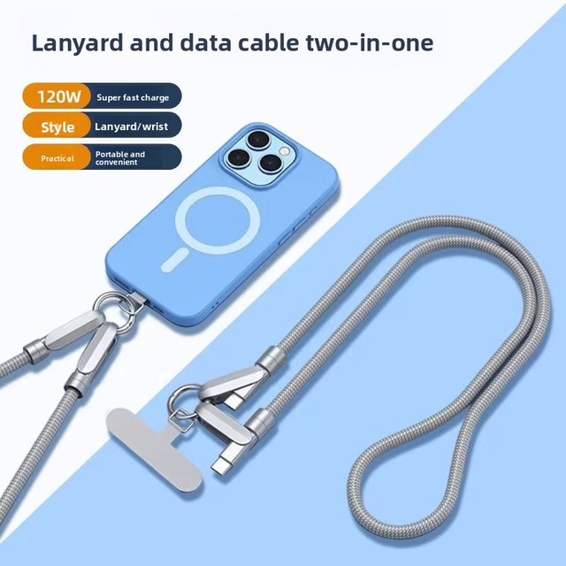 2in1 Phone Wrist Strap Charging Cable PD60W USB C to USB C Cables Universal Handfree Zinc Alloy Phone Lanyard for Iphone&android