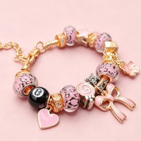 Bracelet à breloques en alliage, motif léopard rose, avec pendentifs huit cœurs, étoile, nœud et fleur noirs, bijou de mode