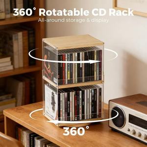 Estante de madera y acrílico para discos, caja de almacenamiento de CD de doble capa, expositor giratorio de escritorio para CD y cintas de cassette - Product Image 4