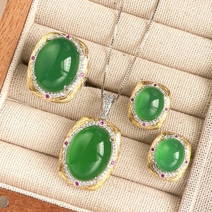 High End Eco-friendly Copper Imitation <b>Jade</b> Necklace Earrings <b>Ring</b> Set 15*20/10*12mm Green Big Zircon Jewelry Sets for Statement - Product Image 3
