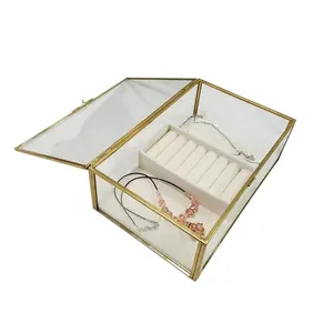 Wedding Decorative Clear Glass Box Golden Jewelry Organizer Display Treasure Case