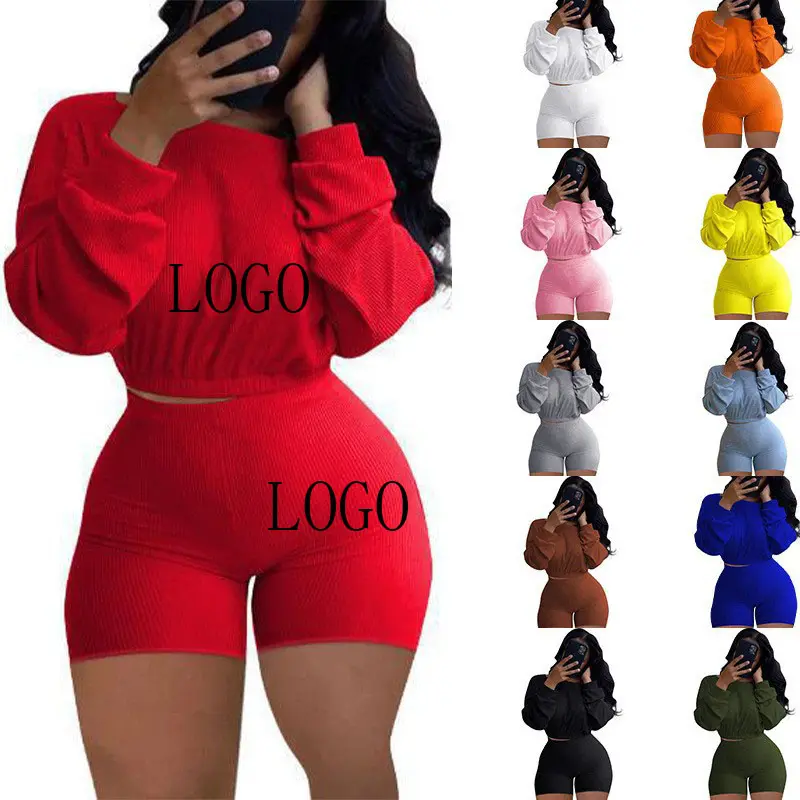 Hot Custom Ribbed Solid Color Logo Casual Shorts Summer Outfit Blank Long Sleeve Two Piece Women Clothing Sets