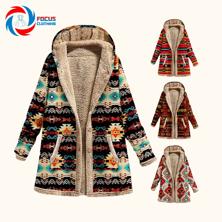 Fashion Winter Oversized Warm Plush Coat Single Breasted Ethnic Print Jacket With Hood For Women