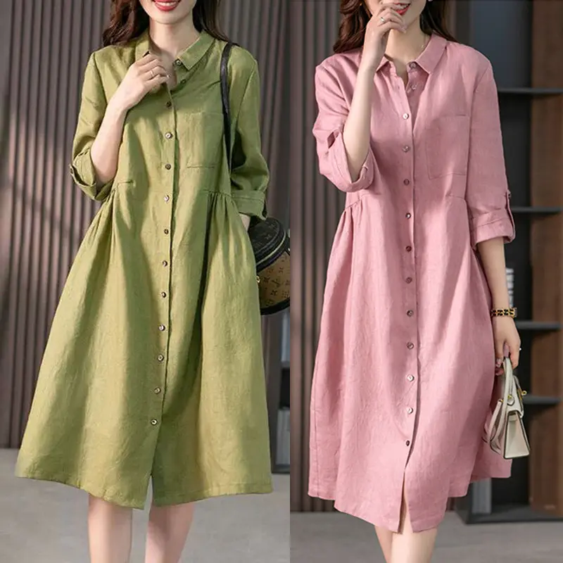 Spring Summer Korean Fashion Cotton Linen Shirt Dress Lady Half Sleeve Loose Casual Robe Femme Buttons Vestidos Women's Clothing