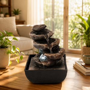 Fontaine d'eau de table en résine, statue de Bouddha priant, cascade de roches empilées, lumière LED pour un style zen, intérieur, maison, bureau - Product Image 4