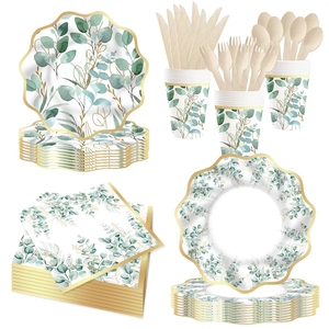 ชุดจานชาม DAMAISage ลายใบไม้สีเขียวทอง สำหรับงานวันเกิด จานกระดาษลายใบยูคาลิปตัสสีเขียวทอง ผ้าเช็ดปากสำหรับงานปาร์ตี้ - Product Image 2