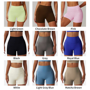 Shorts de yoga taille haute pour <span class=keywords><strong>femme</strong></span>, sensation seconde peau, couleur unie, séchage rapide, pour entraînement, course et gym, avec poche, qualité supérieure personnalisée - Product Image 2