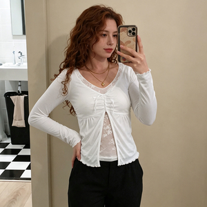 Women's White Lace <b>Mock</b> Two Piece Long Sleeve T-Shirt V-<b>Neck</b> Side Split A-Line Loose Fit Fall New Casual Blouse <b>Top</b> - Product Image 5