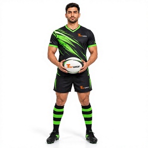 Conjunto de Camiseta de Rugby para Hombre Tiierwear, Negro y Verde, Cuello en V, Manga Corta, Absorbe la Humedad, Ajuste Atlético, para Todas las Temporadas - Product Image 1