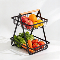 Panier à fruits en métal à 2 niveaux pour comptoir de cuisine avec poignée en bois, grands paniers amovibles pour fruits, légumes, pain, collations