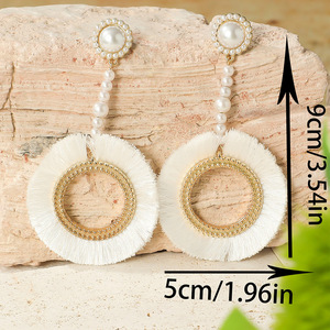 Pearl <b>Tassel</b> Drop <b>Earrings</b> White Round Pearl Zinc Alloy Bezel Setting Women's Everyday Wear 2024 - Product Image 3