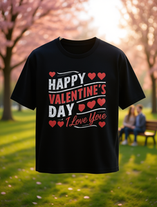 T-shirt casual nera a maniche corte stampata per San Valentino, 100% cotone, leggera, estiva, unisex, girocollo, vestibilità regolare - Product Image 2