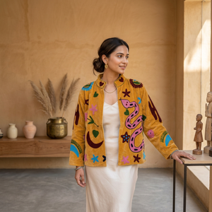 Veste Suzani Réversible Écologique en Cachemire Brodée à la Main Serpente Giocoso, Motif Floral Bohème, Rembourrage en Coton pour le Printemps - Product Image 3