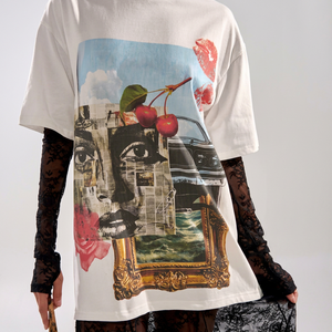 Camiseta blanca extragrande con estampado fotográfico Cherry Face Art, camisa informal de manga corta, estilo de moda de verano unisex - Product Image 1