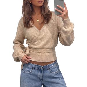 Cardigan en maille personnalisé pour femme, col en V, manches longues lanternes, coupe ajustée, style court avec ceinture à nouer, tenue décontractée - Product Image 1