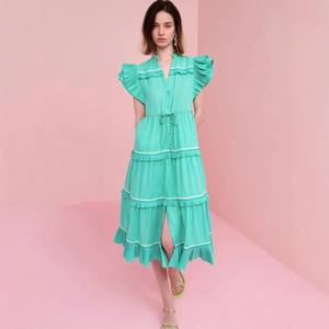 Vestido de verano de <span class=keywords><strong>moda</strong></span> de diseñador para <span class=keywords><strong>mujer</strong></span>, manga voladora, cuello en V, árbol comestible, volantes, retazos, ajuste de cintura, Midi, fiesta, vacaciones - Product Image 1