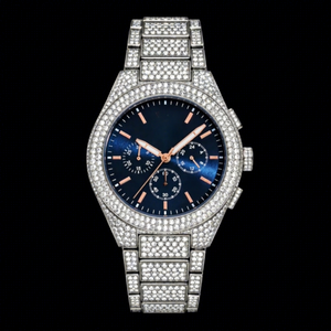Montre chronographe à cadran bleu avec diamants, montre de luxe en acier inoxydable, accessoire de mode pour homme - Product Image 1