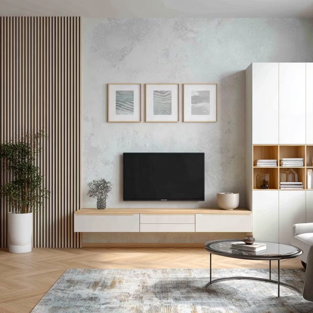 Modern Floating TV Stand with Fluted Wood Panel LED Lighting & Wall Art Contemporary Living Room Media Console with Open Shelves