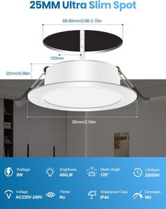 Spot LED Encastrable Blanc Chaud 3500K IP65 Anti-Éblouissement pour Plafond de Salle de Bain, Angle de Faisceau 120 Degrés, Corps en Plastique - Product Image 2