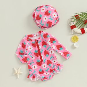 Long Sleeve <strong>Toddler</strong> Girl Swimsuit Hat Floral Ruffle Zipper Leopard Rash Guard Swimwear for Sun Protection Baby <strong>Swimming</strong> <strong>Costume</strong> - Product Image 3
