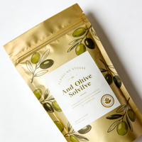Sachet alimentaire vide personnalisé imprimé or champagne métallisé, motif feuille d'olivier, refermable avec fermeture éclair et encoche de déchirement, vente en gros