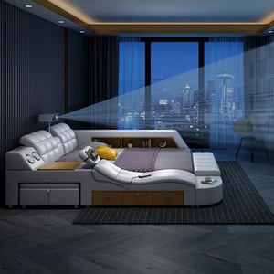 Akıllı ayarlanabilir masaj depolama Modern basit Tatami ana yatak odası ahşap deri sanat yumuşak çok fonksiyonlu düğün çift kişilik yatak - Product Image 3