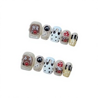 [257] Faux ongles à presser courts, faits main, motif cochonnet rose fleurie de dessin animé, finition effet armure, pour automne-hiver