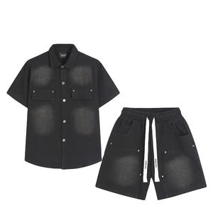 Conjunto vaquero corto de sarga para hombre de verano al por mayor, conjunto corto de dos piezas con botones a la moda, conjunto Vaquero de algodón transpirable - Product Image 1