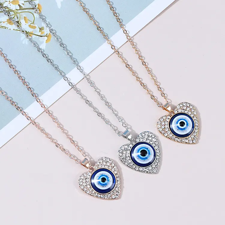 PAVA Großhandel vergoldete Devil Eyes Halskette für Frauen Diamant Herz Evil Eyes Halskette Blue Evil Eyes Anhänger Halskette