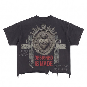 <span class=keywords><strong>T</strong></span>-shirt Vintage in Cotone da Uomo 300gsm, Maglietta <span class=keywords><strong>Nera</strong></span> con Grafica Croce Sacra Effetto Sbiadito, Stile Distressed, Girocollo, Streetwear - Product Image 2