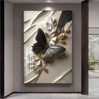 Peinture murale en porcelaine cristalline à texture 3D moderne de luxe, motif papillon et feuille dorée, pour la maison, l'hôtel, l'entrée verticale, le couloir