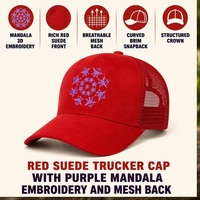 Gorra Trucker de Gamuza Roja con Logotipo Personalizado OEM ODM, Bordado Mandala, Visera Curva, Malla, Cierre a Presión, Venta al por Mayor de Fábrica, MOQ Bajo, DDP