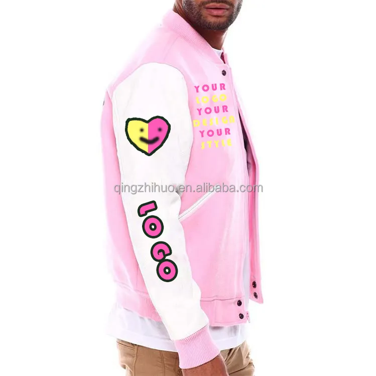 Oem Custom Großhandel Chenille Stickerei Leder ärmel Baseball Bomber Letterman Pink Varsity Jacke für Männer