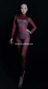Combinaison de danse avec strass pour filles, vêtement de fête Sexy, rouge et extensible, costume nu pour adulte - Product Image 3