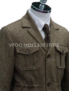 Abiti da uomo a spina di pesce in Tweed invernale/giacca da Safari classica <span class=keywords><strong>con</strong></span> tasca a quattro buste/cappotto + cravatta per abbigliamento maschile Casual dal Design unico - Product Image 3
